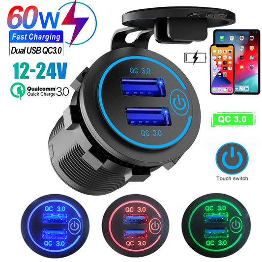 Dual QC 3.0 Dual USB Fast Car Charger Socket 12V/24V waterproof with Switch Auto Car Quckly Charge Adapter Power Outlet